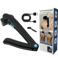 Black electric back shaver for men with blue accent buttons and foldable rechargeable body groomer design shown from back side