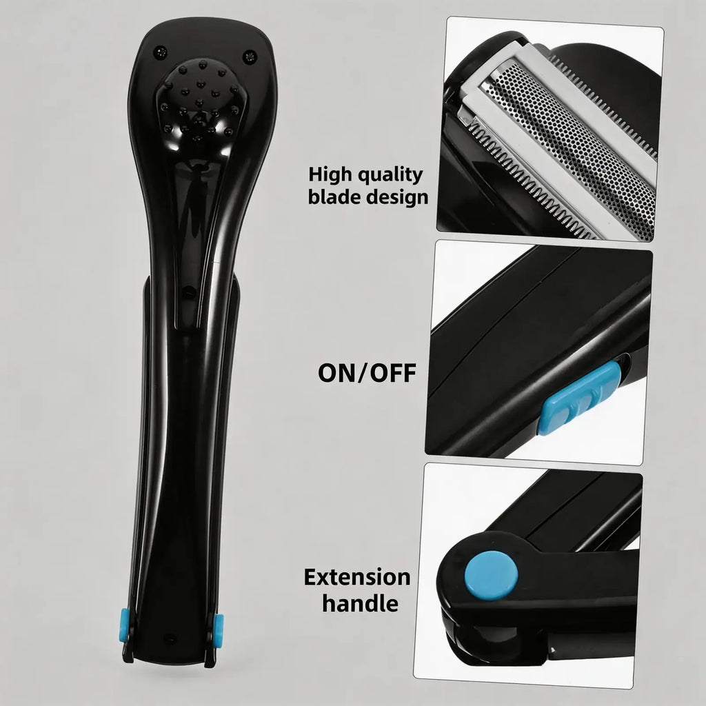 Black electric back shaver for men with a sleek ergonomic design and blue accent buttons rechargeable body groomer