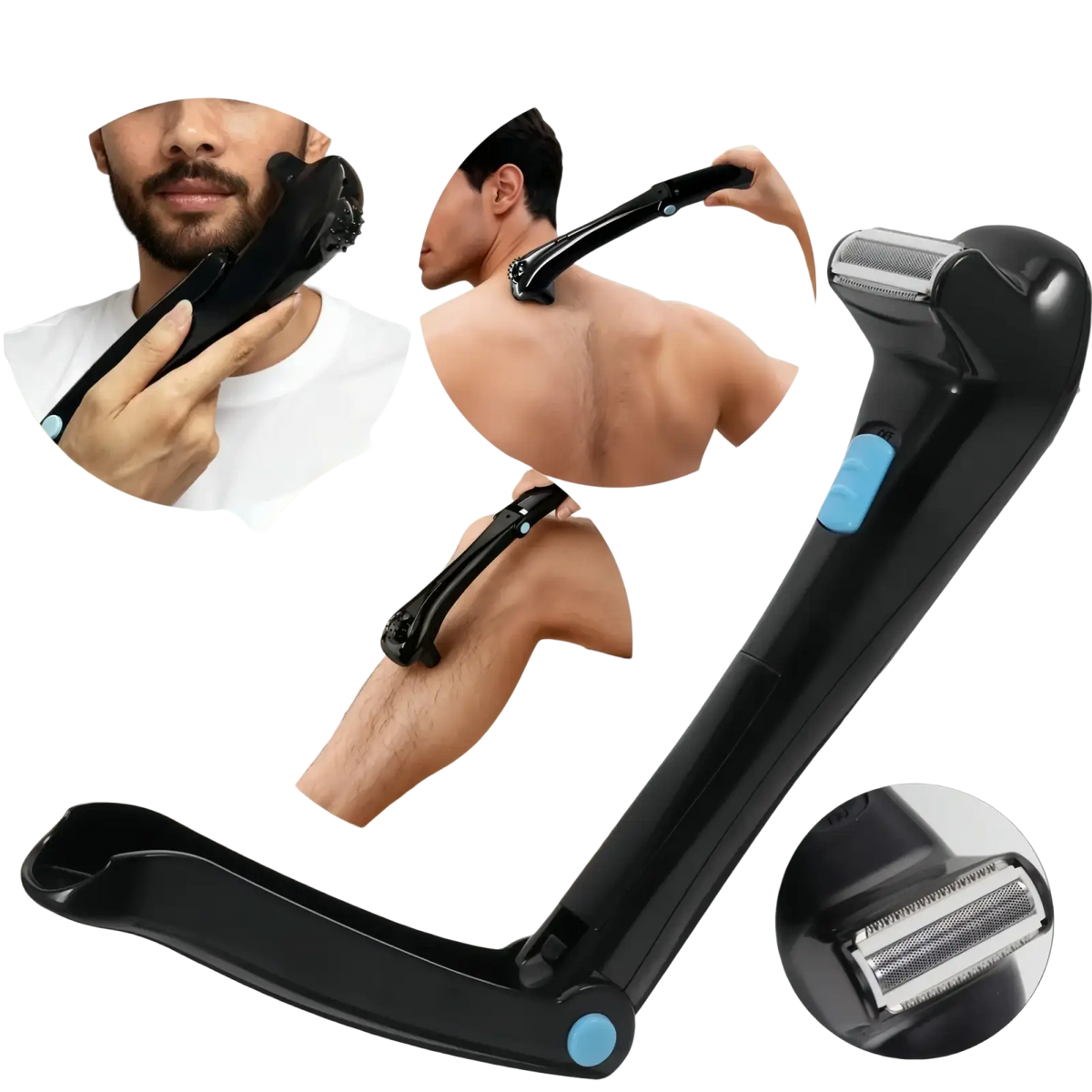 Black foldable electric back shaver for men with blue accent buttons and metallic cutting head shown from the back side