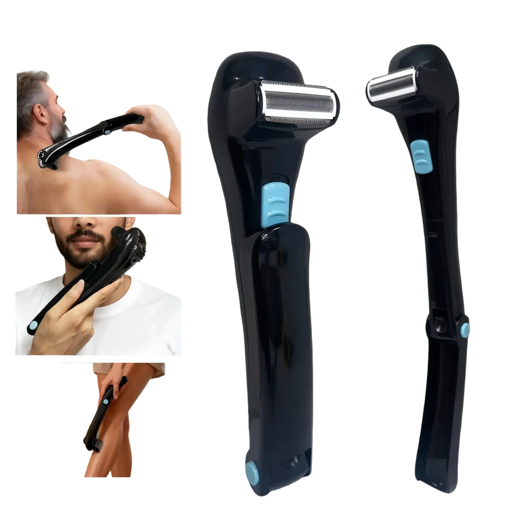 Electric back shaver for men with black back hair trimmer, extended handle, light blue accents, and usb charging port