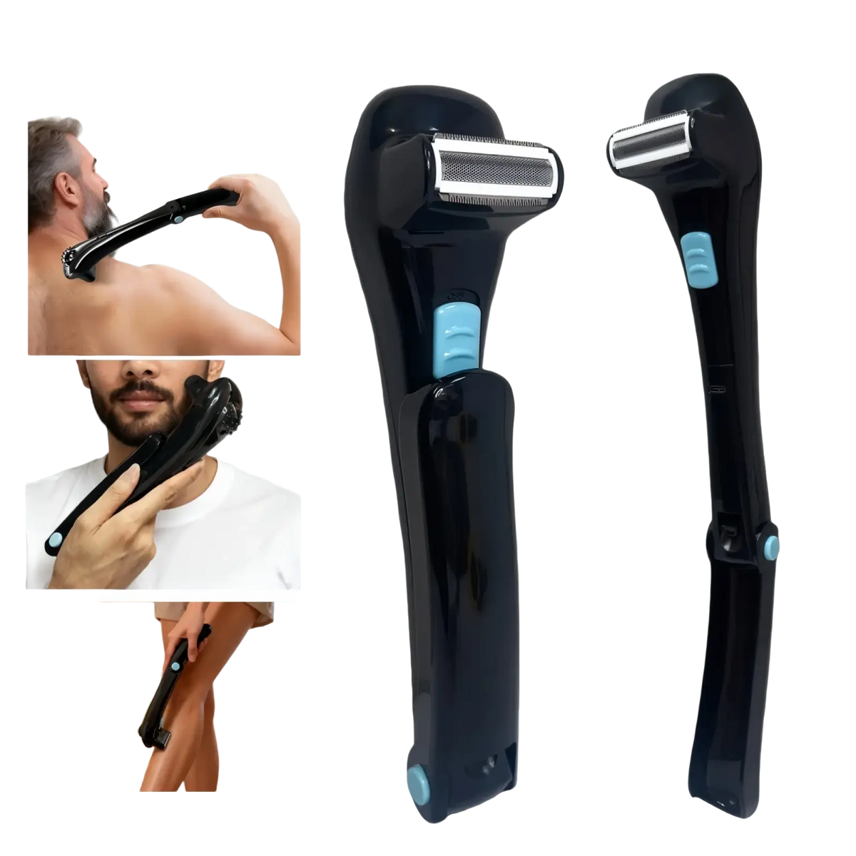 Electric back shaver for men with black back hair trimmer, extended handle, light blue accents, and usb charging port