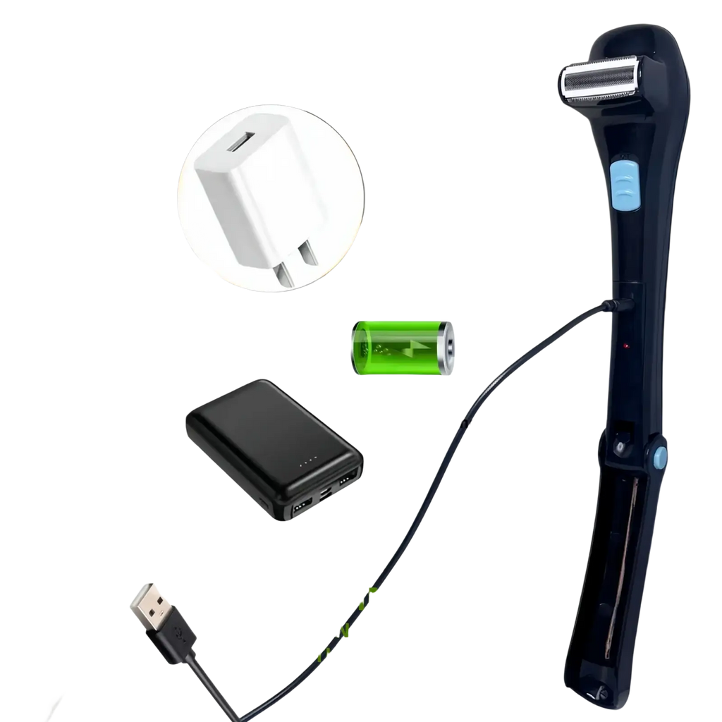 Black electric back shaver for men with blue power button and type-c charging port for rechargeable grooming