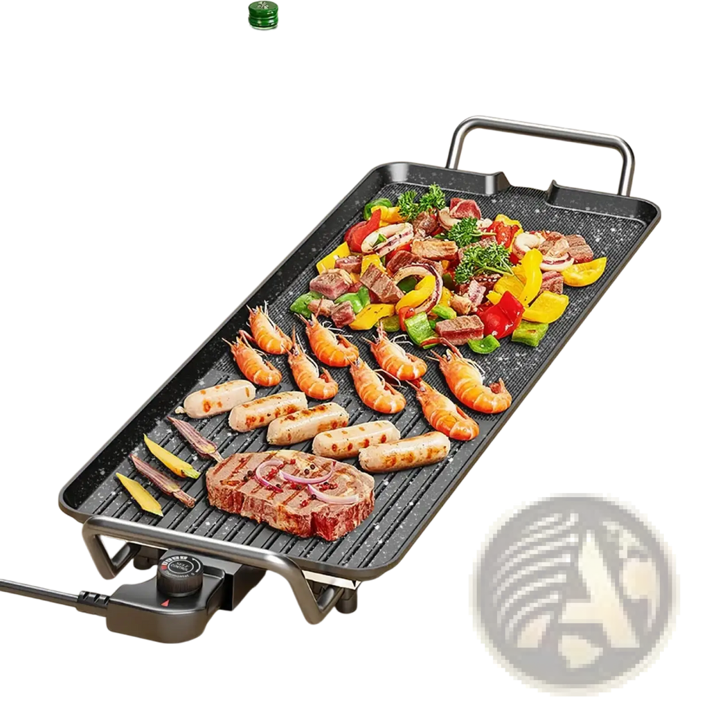 Black electric barbecue grill non stick indoor outdoor griddle with portable handles and 5 power levels for easy cleaning
