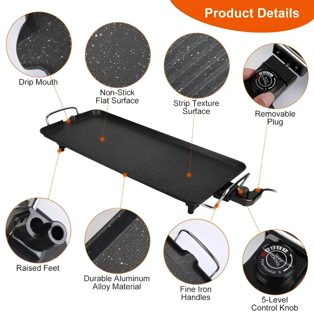 Black electric barbecue grill with non-stick strip textured surface and durable aluminum alloy for indoor outdoor use