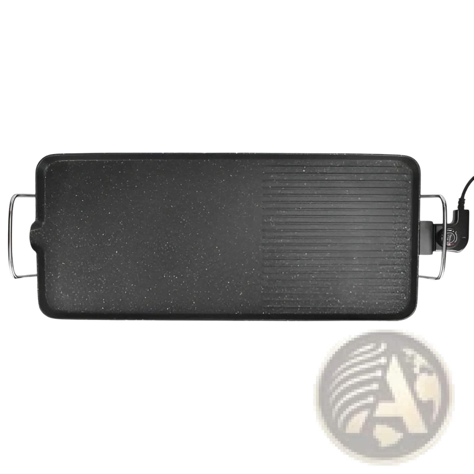 Black rectangular electric barbecue grill with speckled non-stick surface and ribbed cooking area for indoor outdoor use