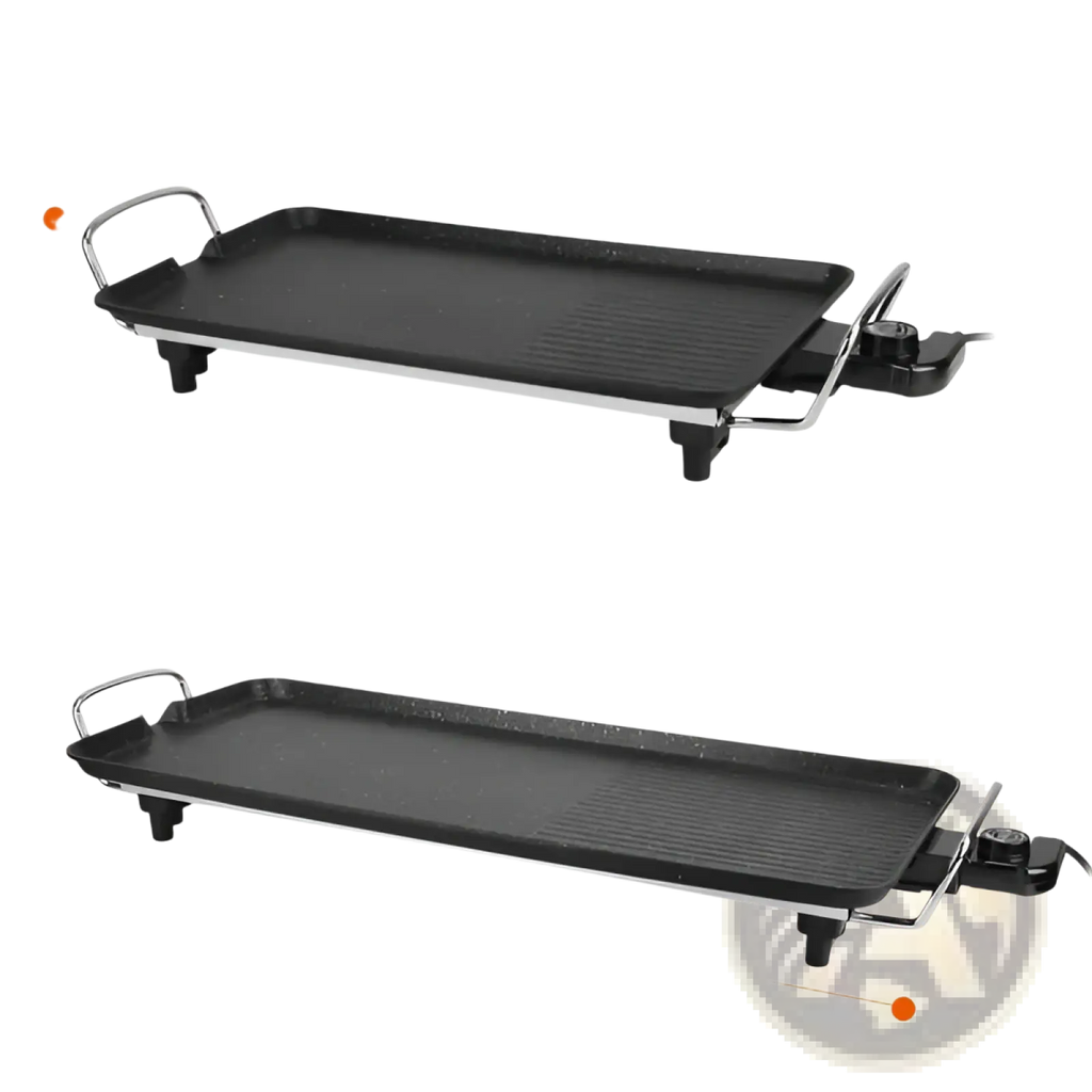 Black electric barbecue grill with non stick cooking surface and stainless steel handle for indoor outdoor use
