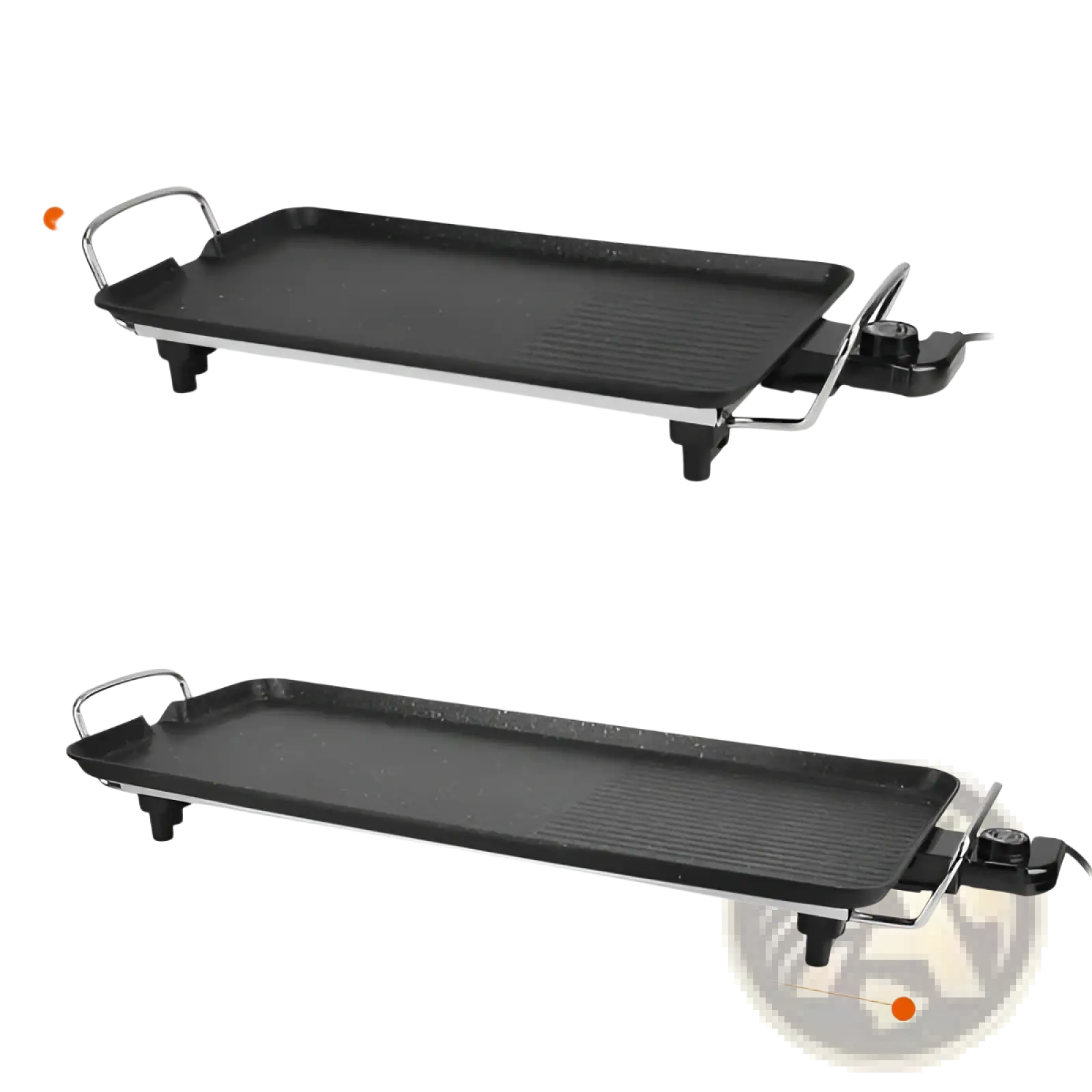 Black electric barbecue grill with non stick cooking surface and stainless steel handle for indoor outdoor use