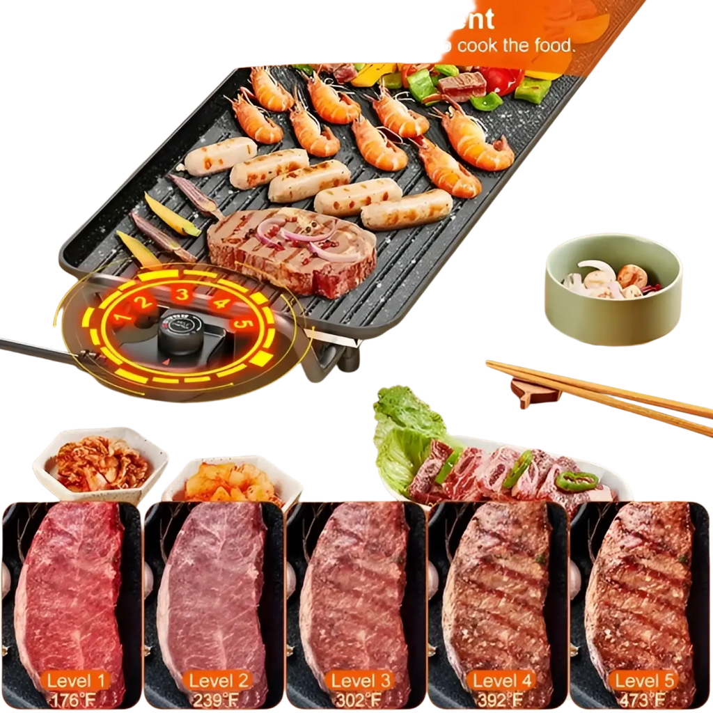 Black electric barbecue grill non stick indoor outdoor griddle with five power levels for cooking meats and vegetables