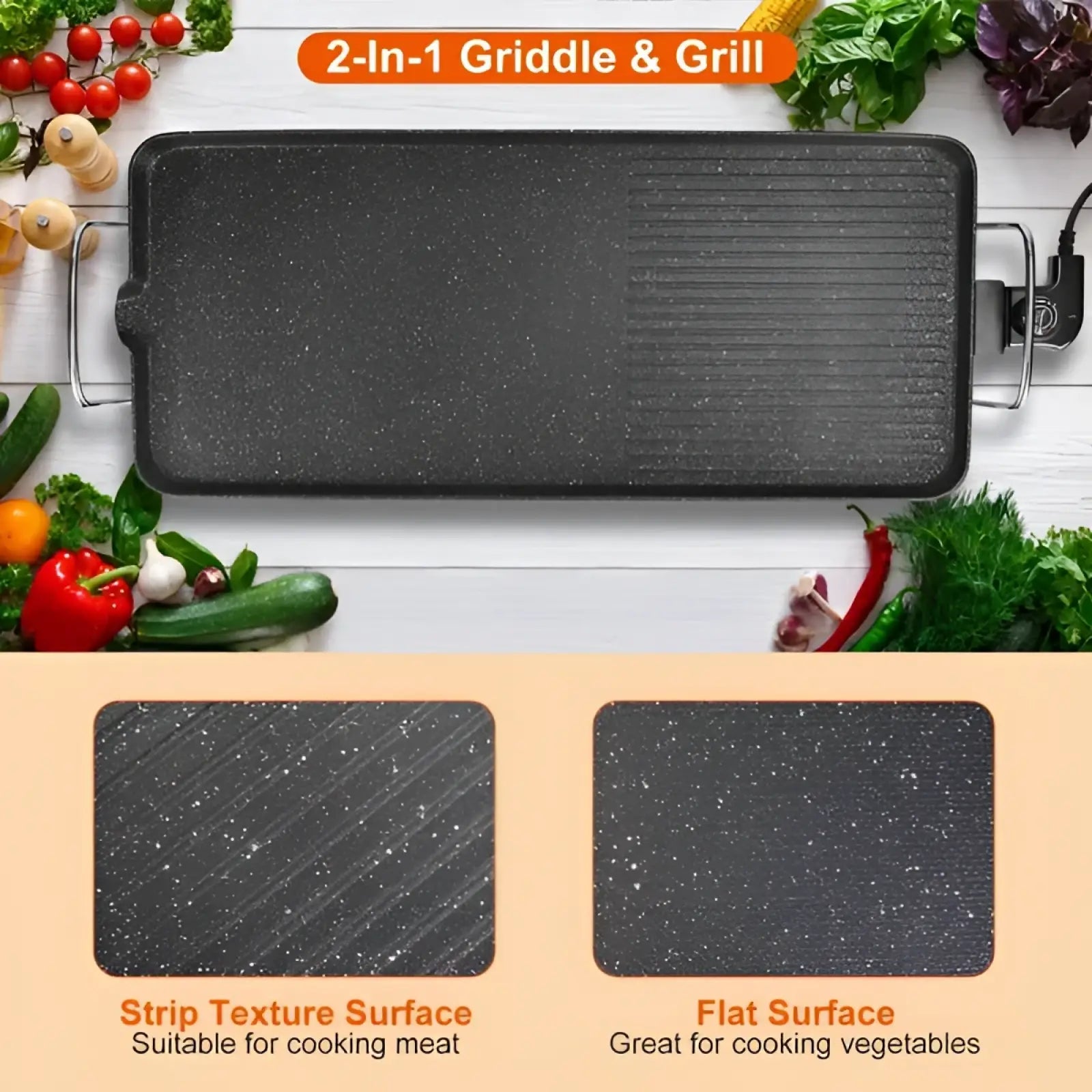 Black speckled electric barbecue grill with non stick 2-in-1 griddle and grill surfaces for indoor outdoor use