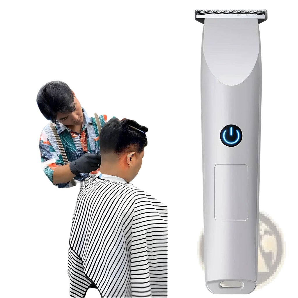 Silver electric beard shaver rechargeable usb hair trimmer with blue power button and textured grip for precision use