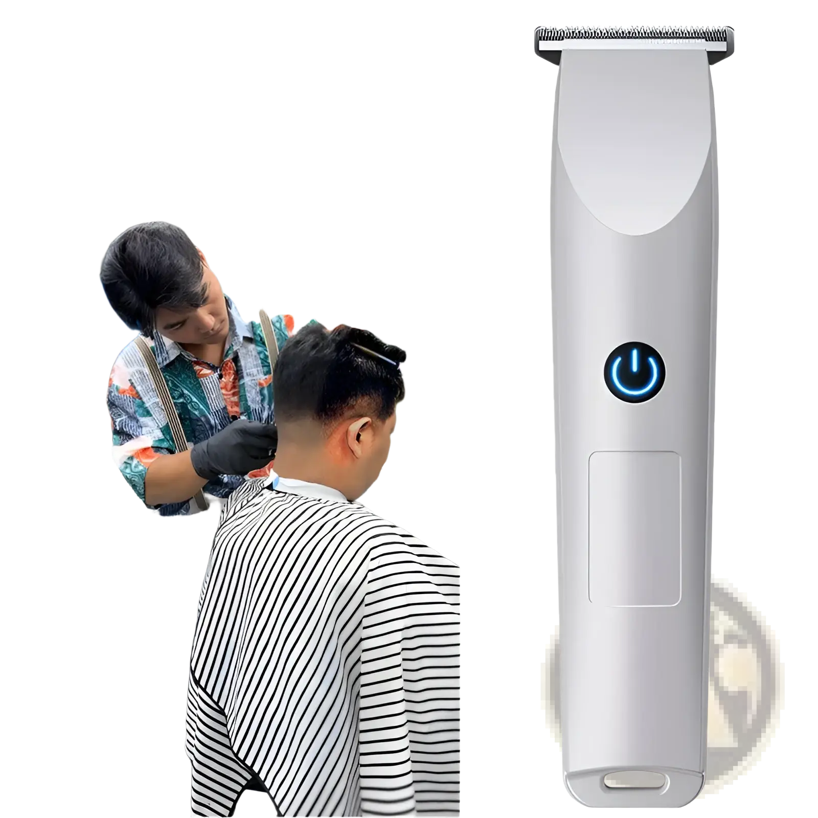 Silver electric beard shaver rechargeable usb hair trimmer with blue power button and textured grip for precision use