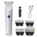 Silver cordless electric beard shaver with blue power button and matte finish rechargeable usb hair trimmer