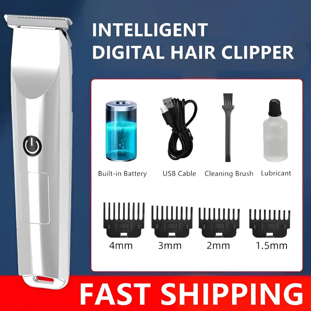 Silver electric beard shaver rechargeable usb hair trimmer with built-in battery and multiple precision comb attachments