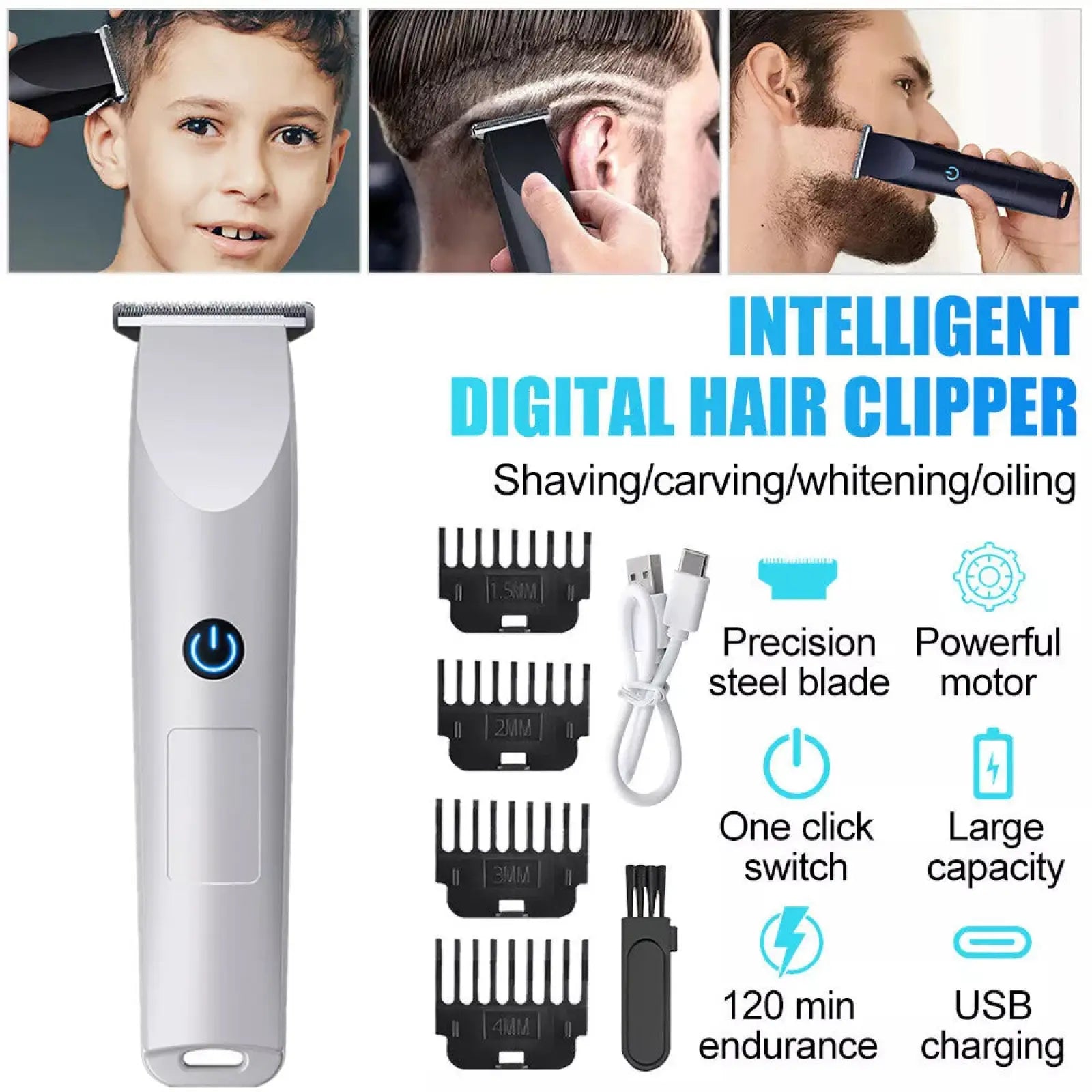 Silver electric beard shaver with precision steel blade and multiple adjustable comb attachments rechargeable via USB