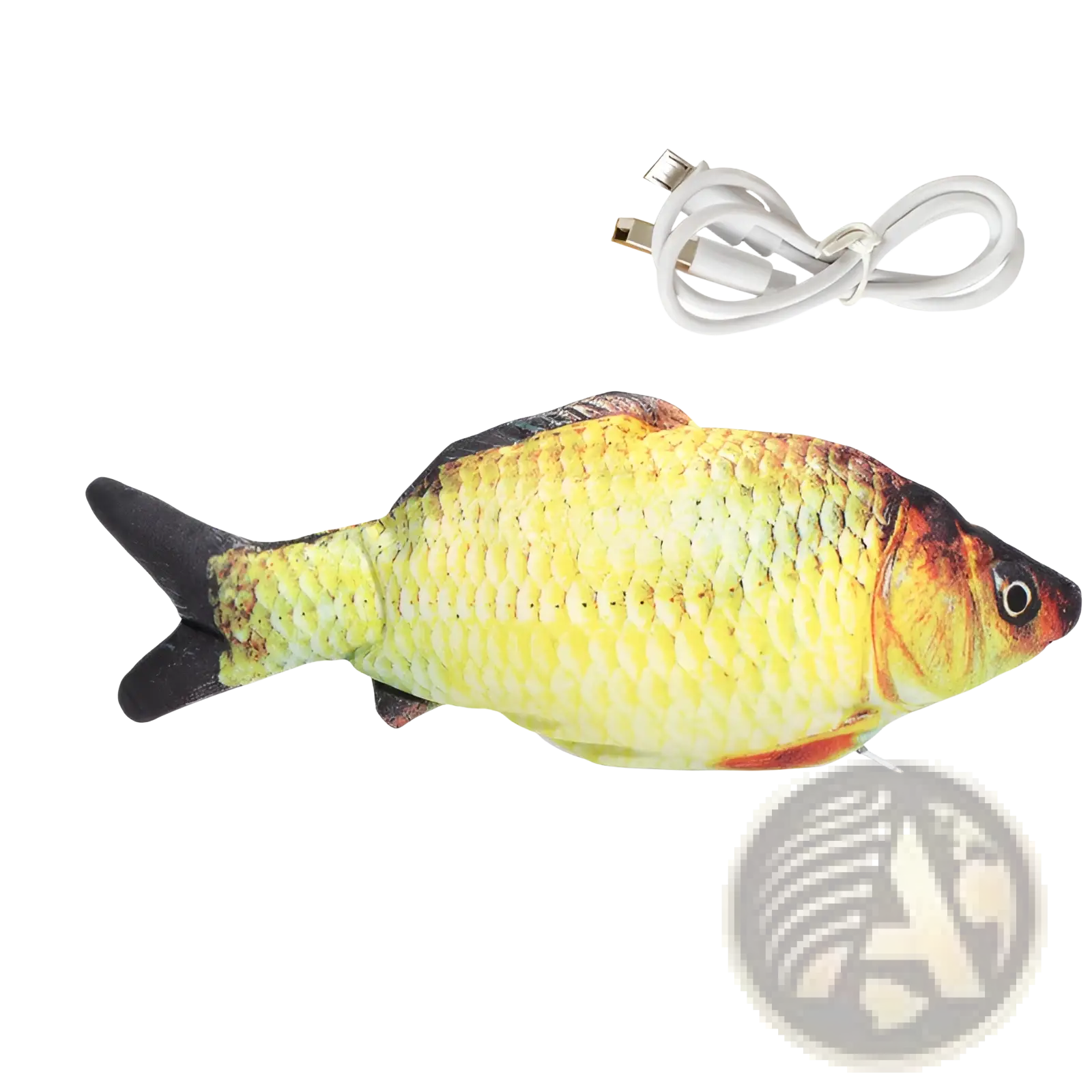 A yellow and black plush electric cat fish toy with realistic scales and lifelike eye usb charging feature