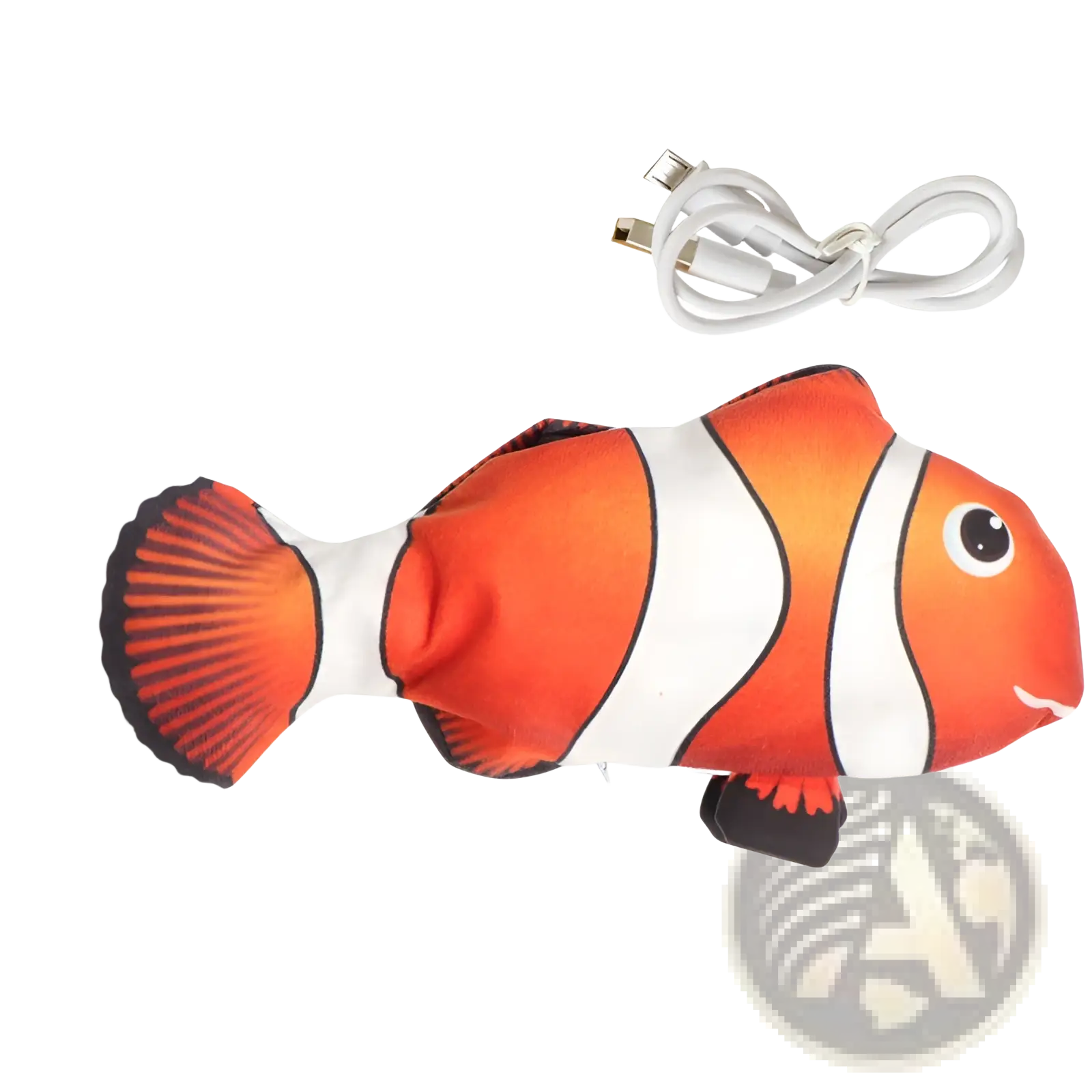 A plush orange and white clownfish USB charging electric cat fish toy with printed face and fins and black outlines