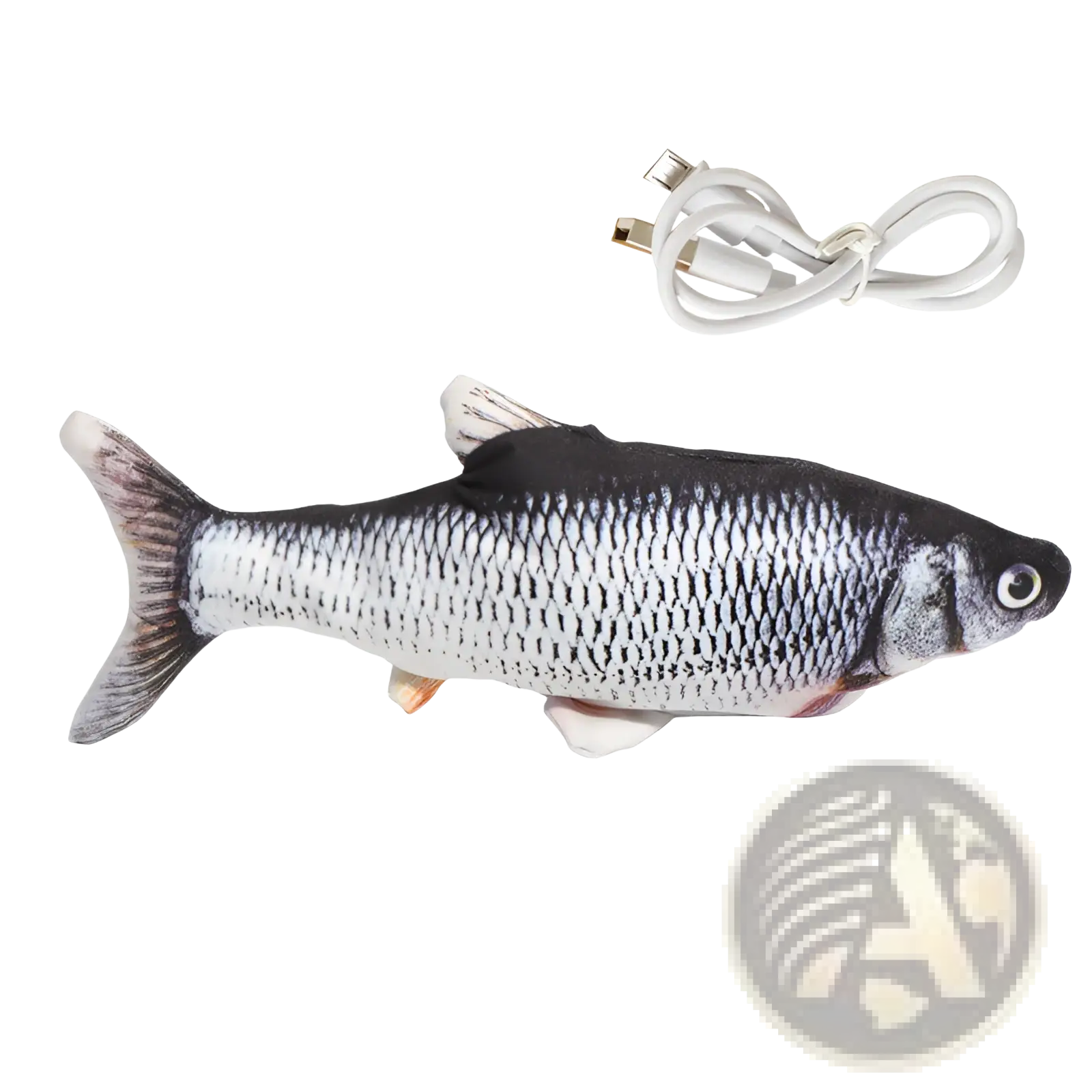 Electric cat fish toy usb charging beating plush with black and silver scales white underbelly and detailed eyes