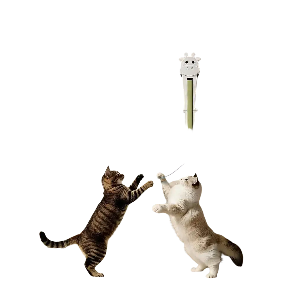 White giraffe-shaped growth chart mounted on cabinet door for electric cat teaser wall mount interactive toy use
