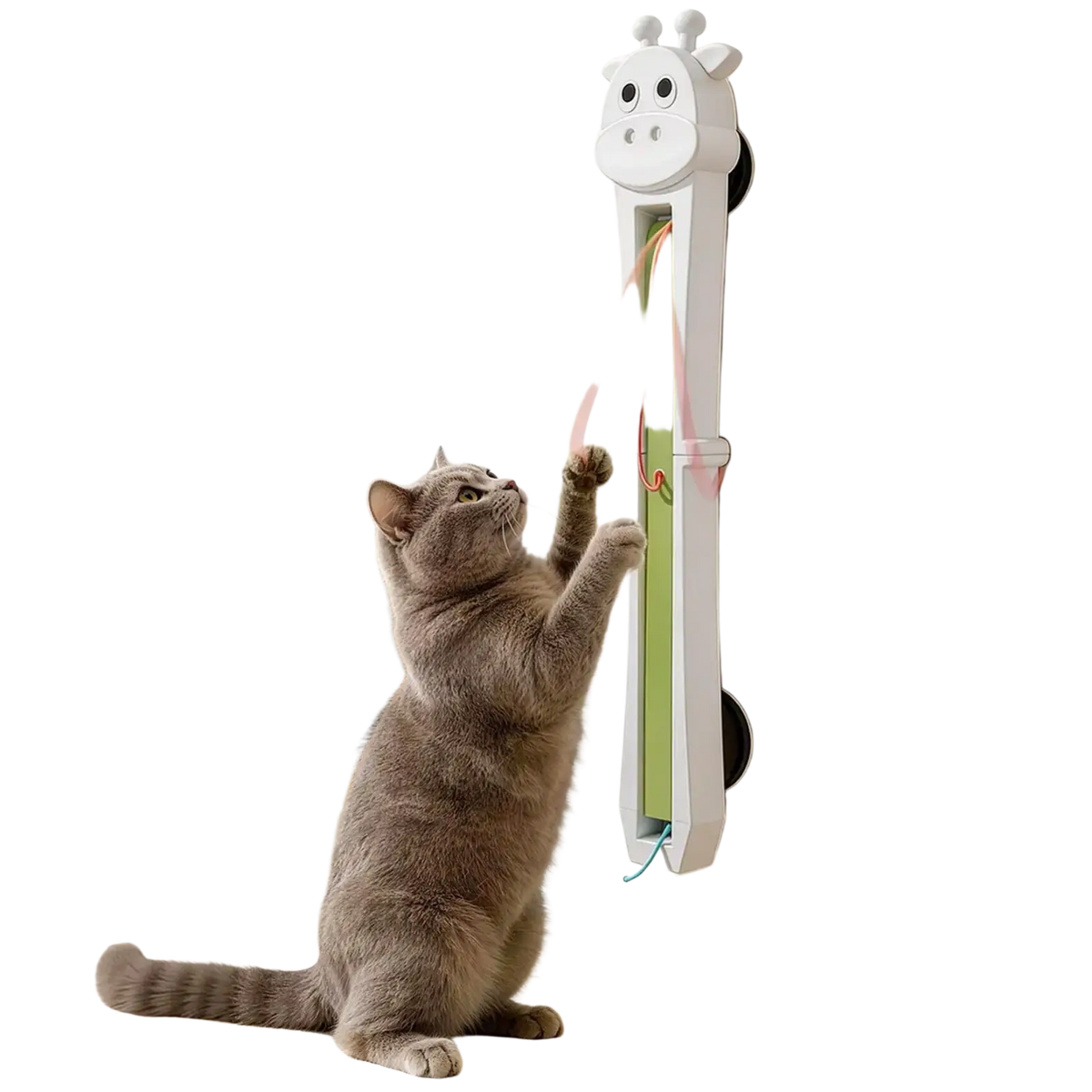 White giraffe-shaped wall-mounted electric cat teaser with green and pink dangling strings for interactive play