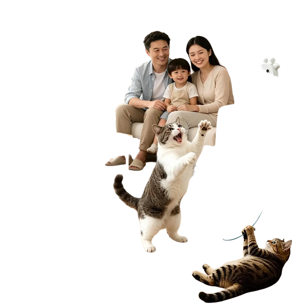 White giraffe-shaped electric cat teaser with green vertical panel and dangling colorful strings for interactive play