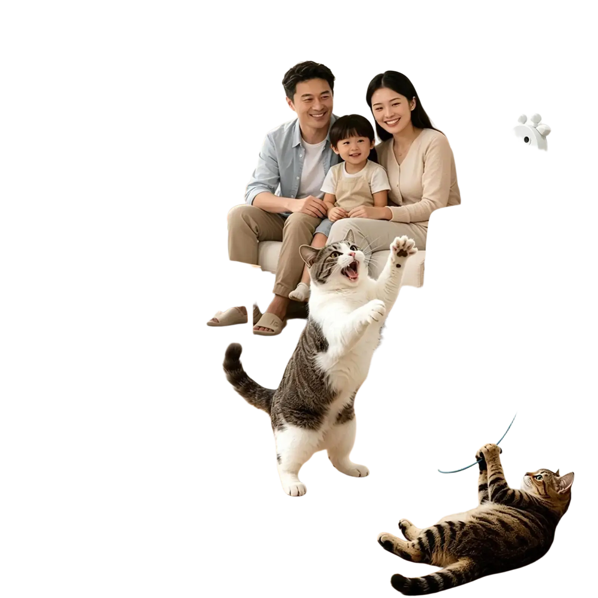 White giraffe-shaped electric cat teaser with green vertical panel and dangling colorful strings for interactive play