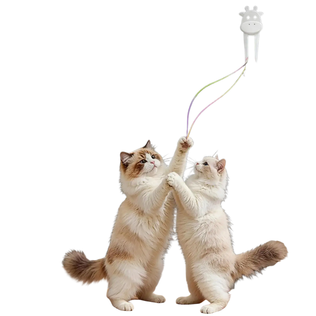White giraffe-shaped electric cat teaser with green vertical strip and colorful dangling strings for interactive play