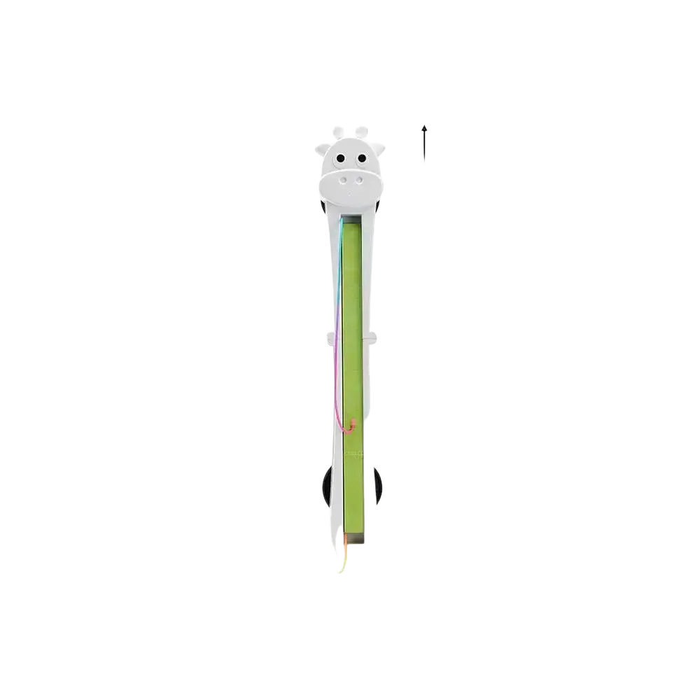 White giraffe-themed electric cat teaser measuring tape with green interior and black wheels for interactive play