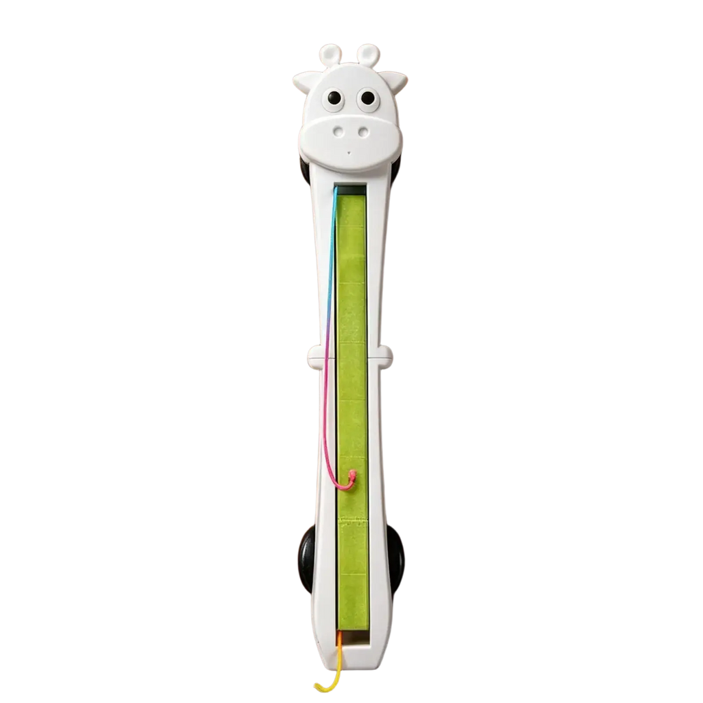 White plastic giraffe-shaped measuring tool with green sliding ruler and colorful loops for electric cat teaser use