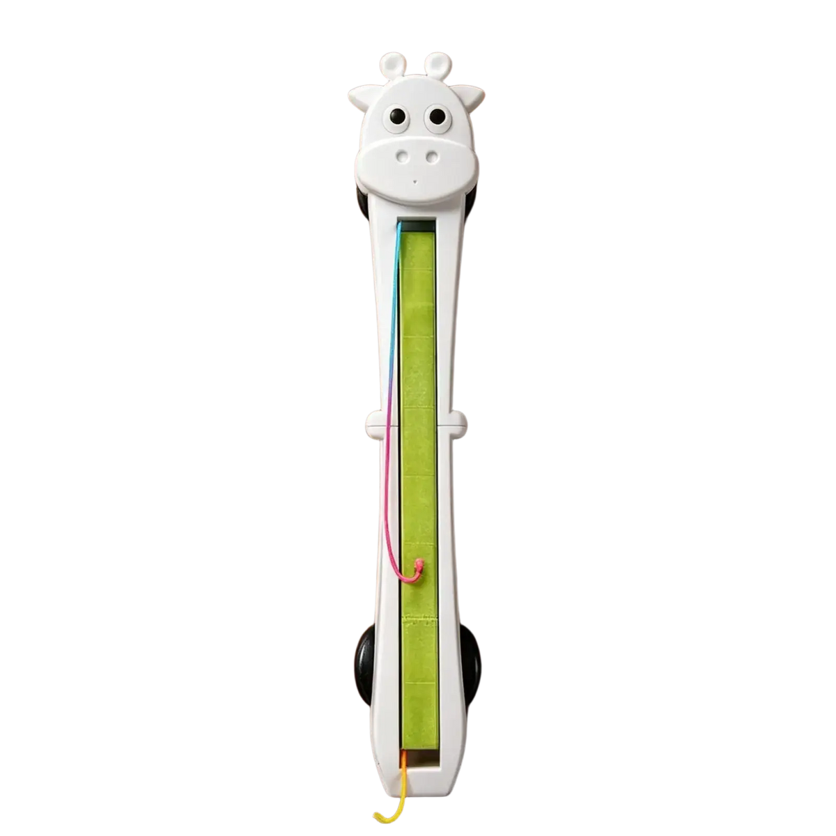 White plastic giraffe-shaped measuring tool with green sliding ruler and colorful loops for electric cat teaser use