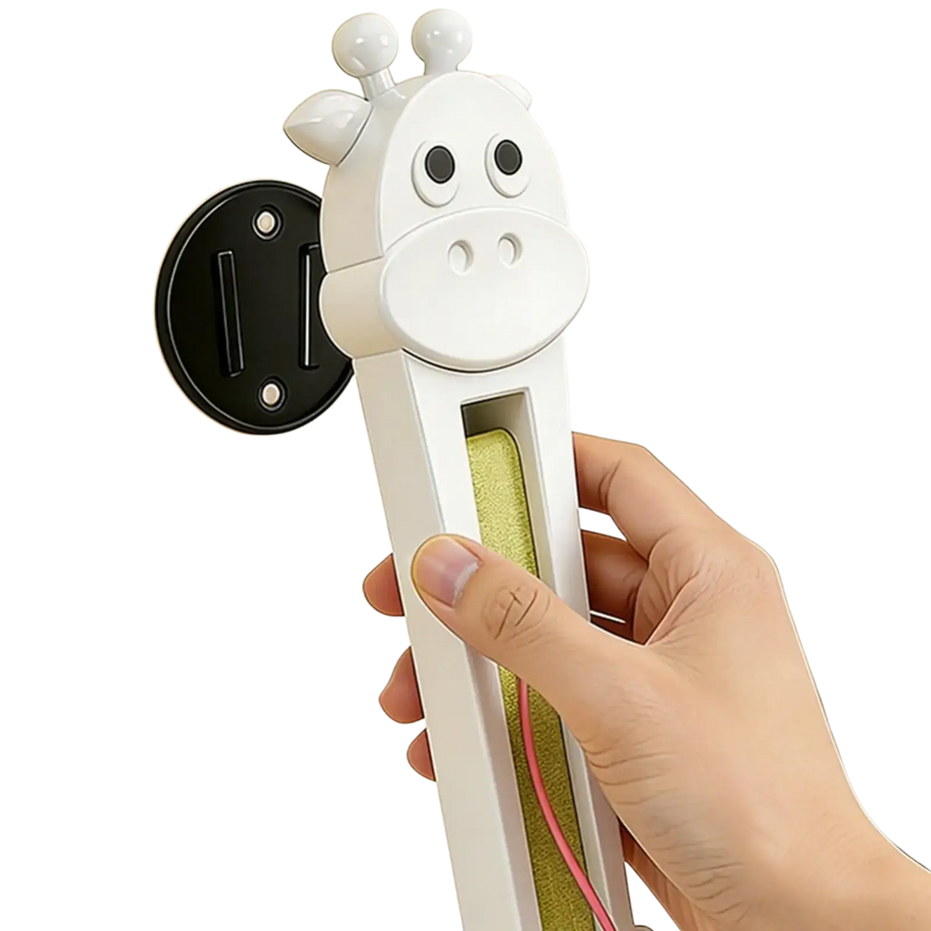 White plastic giraffe-shaped electric cat teaser cable organizer with black circular wall mount for interactive toy use