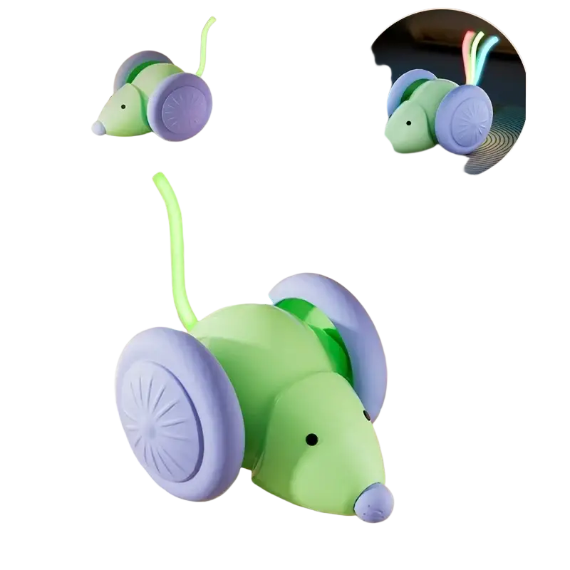 Electric cat toy mouse with wheels in green and purple plastic designed as an animal toys type for pets