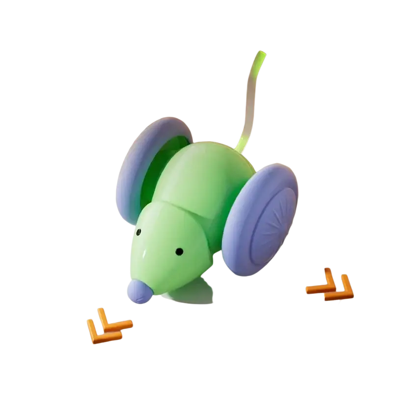 Electric cat toy mouse with wheels in green and purple plastic featuring a glowing tail and blue wheels for animal toys type