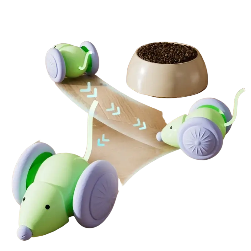 Electric cat toy mouse with wheels in green and purple plastic, an interactive animal toys type for cats