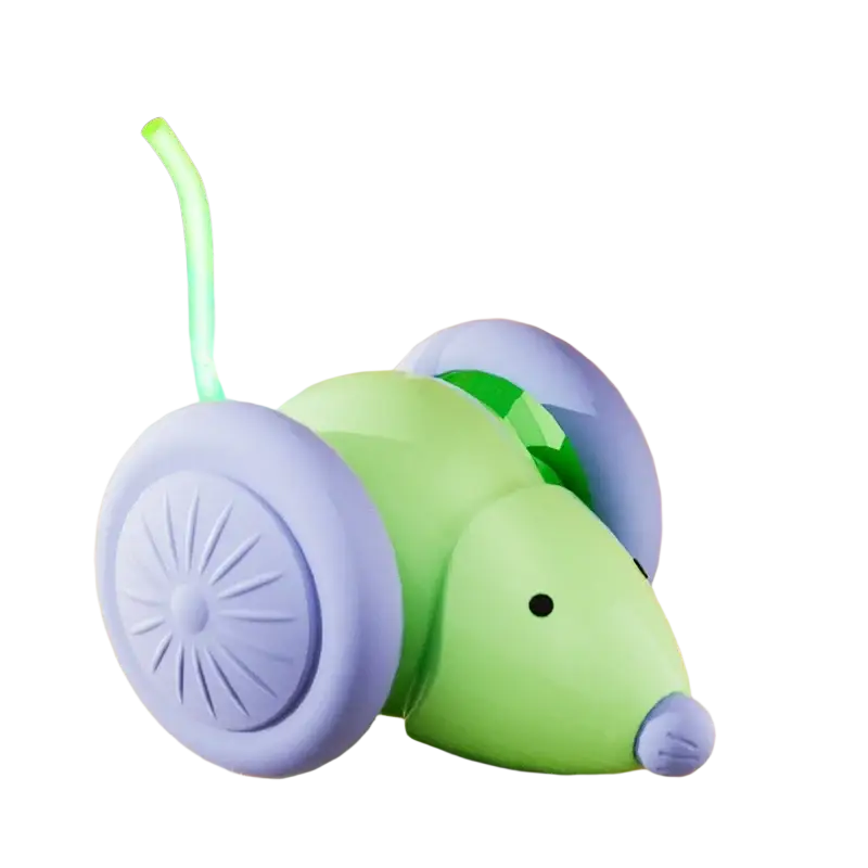 Electric cat toy mouse with wheels in green and purple plastic featuring a glowing green antenna is a fun animal toys type