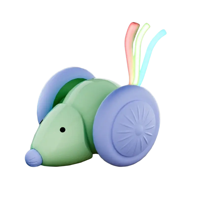Electric cat toy mouse with wheels in green and purple plastic featuring glowing rainbow antennae for animal toys type