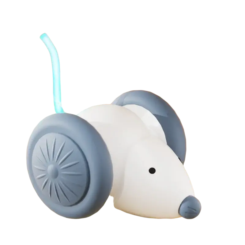 Electric cat toy mouse made of white and gray plastic with blue glowing antenna designed as interactive animal toys type
