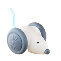 Electric cat toy mouse made of white and gray plastic with blue glowing antenna designed as interactive animal toys type