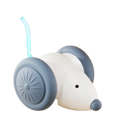 Electric cat toy mouse made of white and gray plastic with blue glowing antenna designed as interactive animal toys type