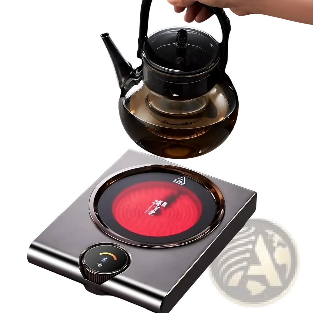 A sleek electric ceramic stove 1000w tea cooker kettle with a glowing red heating element and brushed metal finish