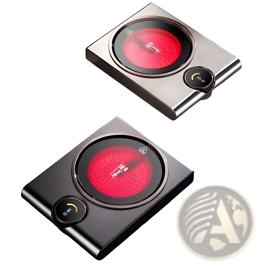 Two sleek square electric ceramic stove tea warmers with brushed metal finish and glowing red heating elements