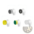 White cordless electric cleaning brush with five interchangeable heads in gray bristles yellow and green sponges
