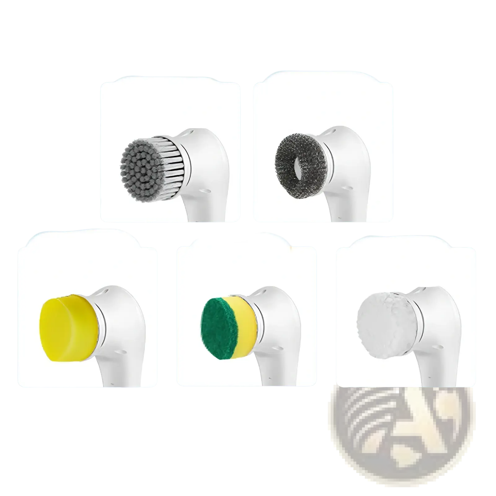 White cordless electric cleaning brush with five interchangeable heads in gray bristles yellow and green sponges