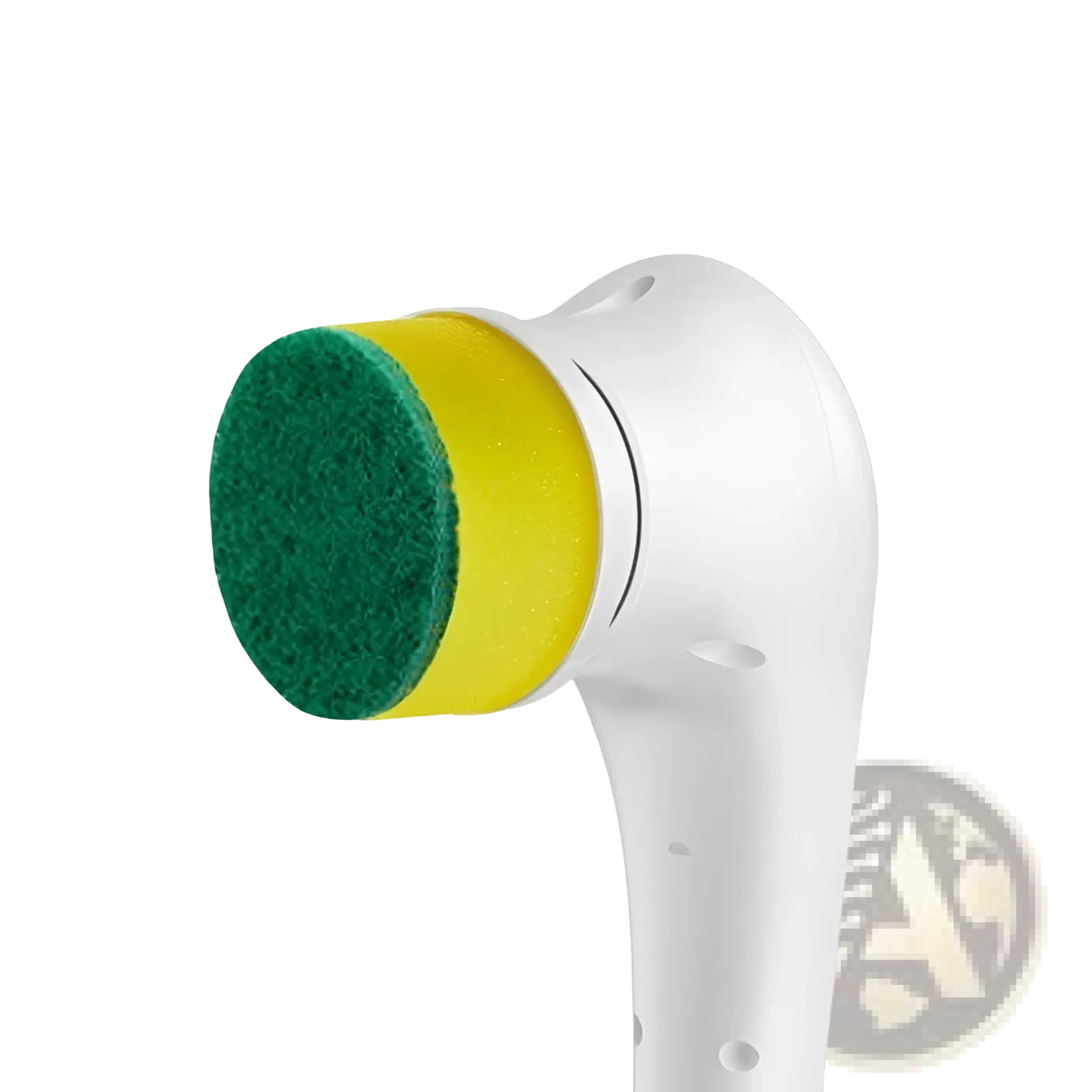 White cordless electric cleaning scrubber with green sponge scouring pad and yellow rubber ring attachment