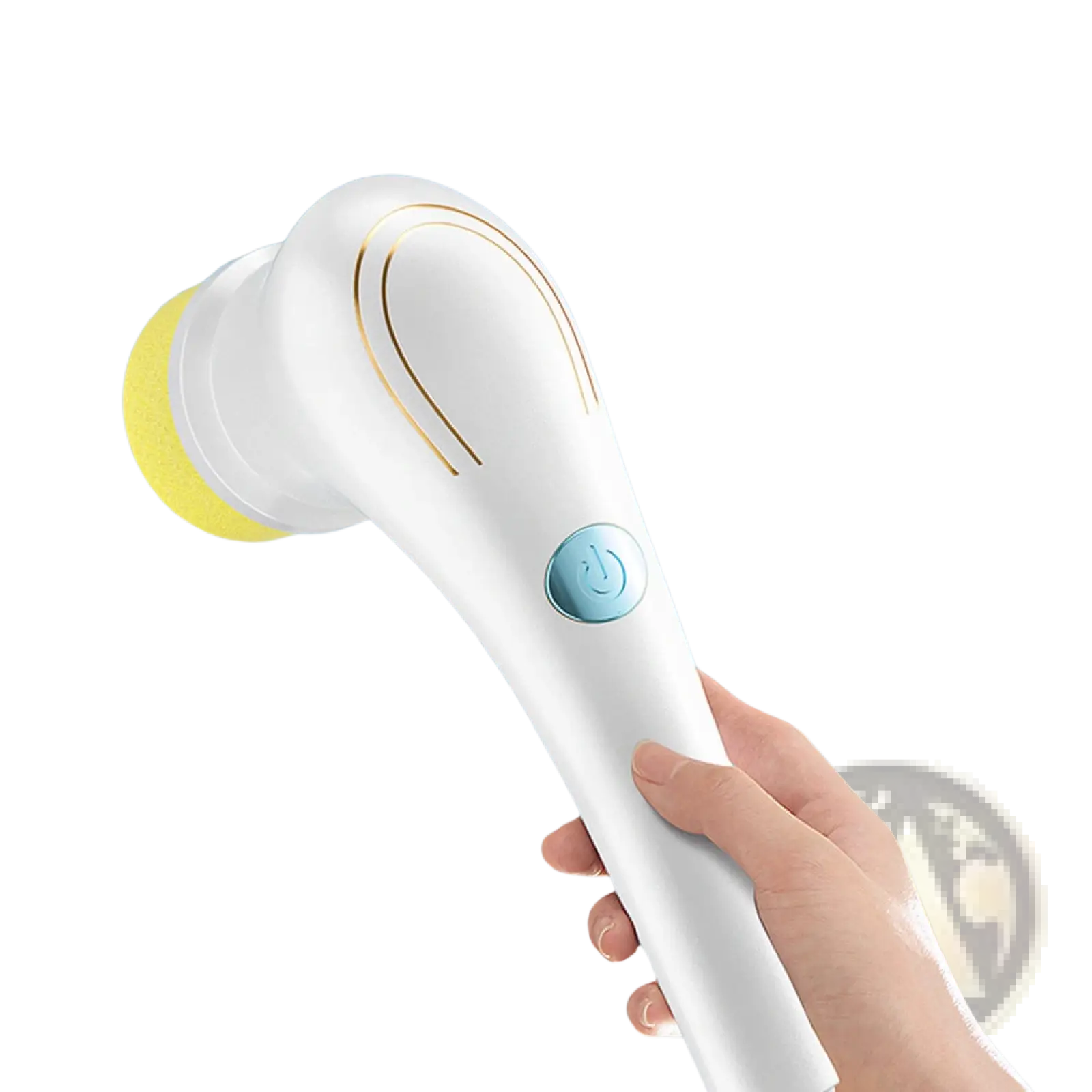 White electric glass cleaner cordless scrubber with yellow brush head gold accents and light blue power button