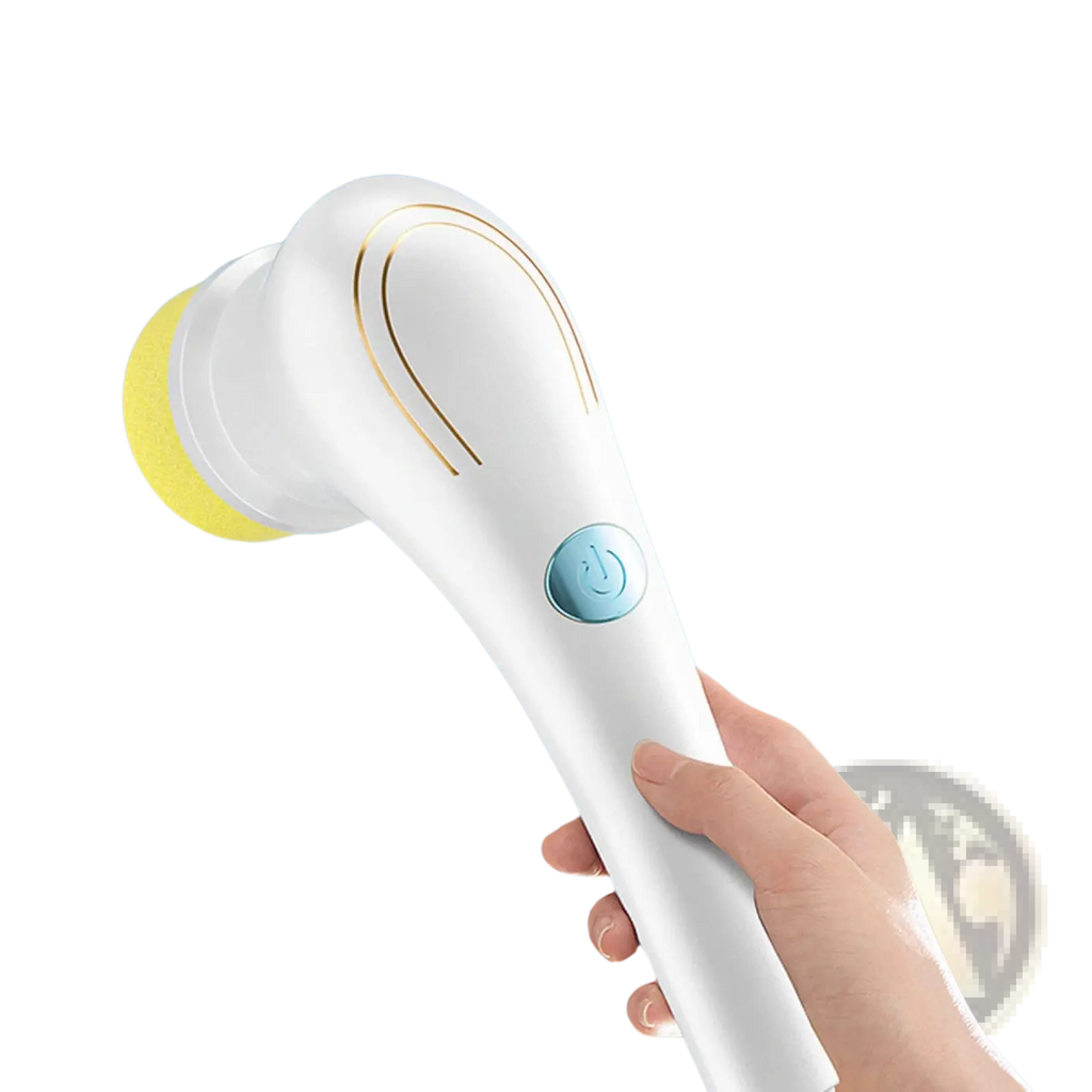 White electric cleaning brush cordless scrubber with gold accents and teal power button for high-speed vibration mode