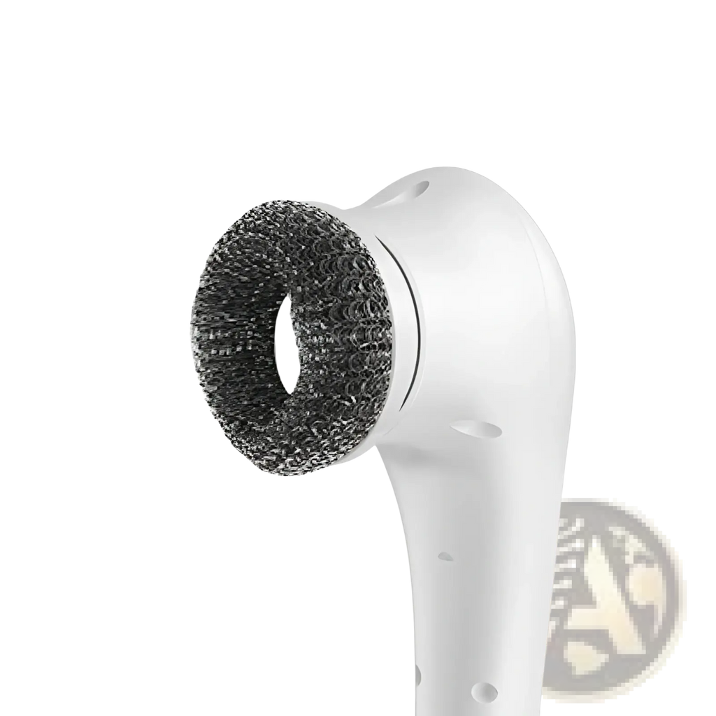 White handheld steel wool scrubber with dark gray bristles for cordless electric cleaning brush with 5 heads