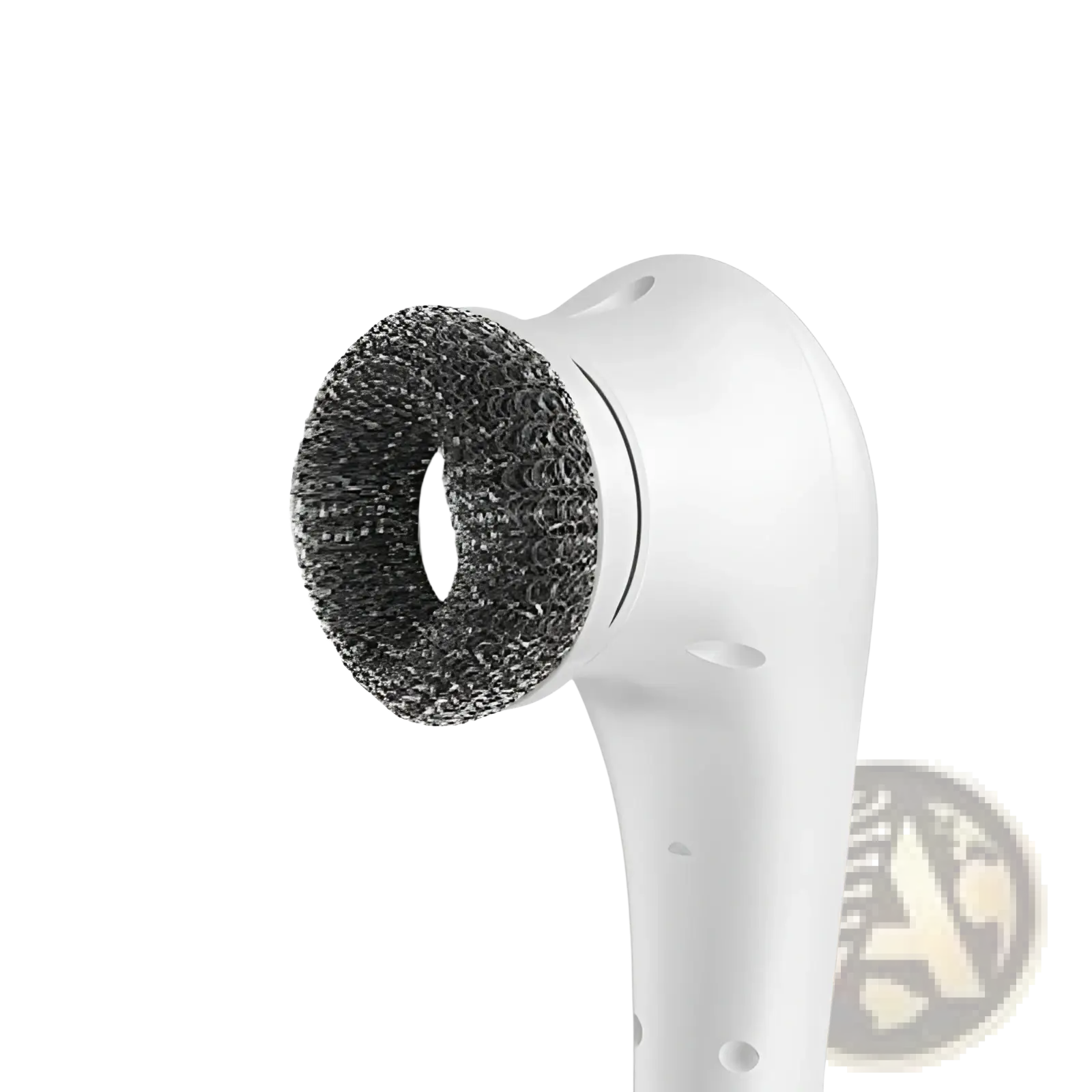 White handheld steel wool scrubber with dark gray bristles for cordless electric cleaning brush with 5 heads
