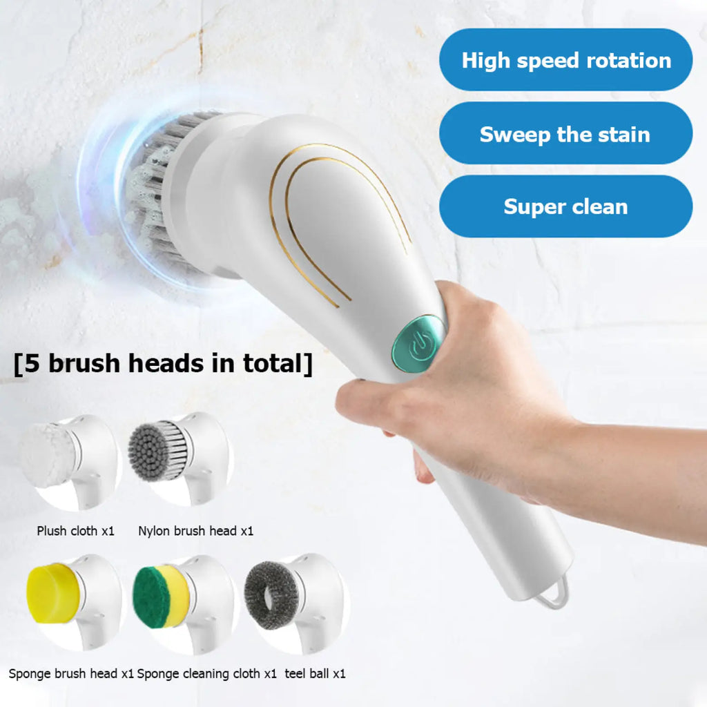 White electric cordless scrubbing brush with gold accents green power button and five interchangeable heads for versatile cleaning
