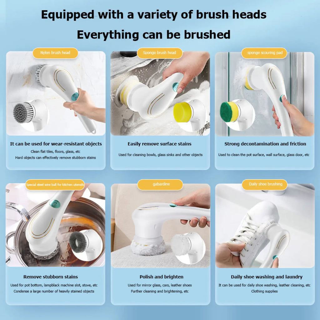 White electric cleaning brush cordless scrubber with five interchangeable heads for various surface cleaning tasks