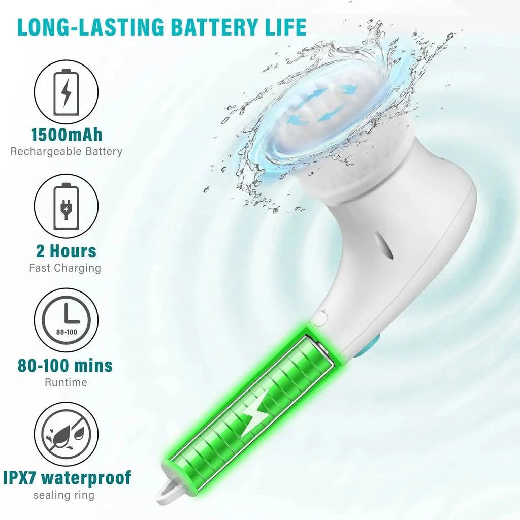 White electric cordless facial cleansing brush with soft rounded head and ergonomic handle for gentle scrubbing